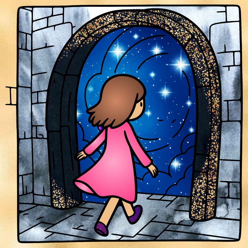 a girl walking through a portal