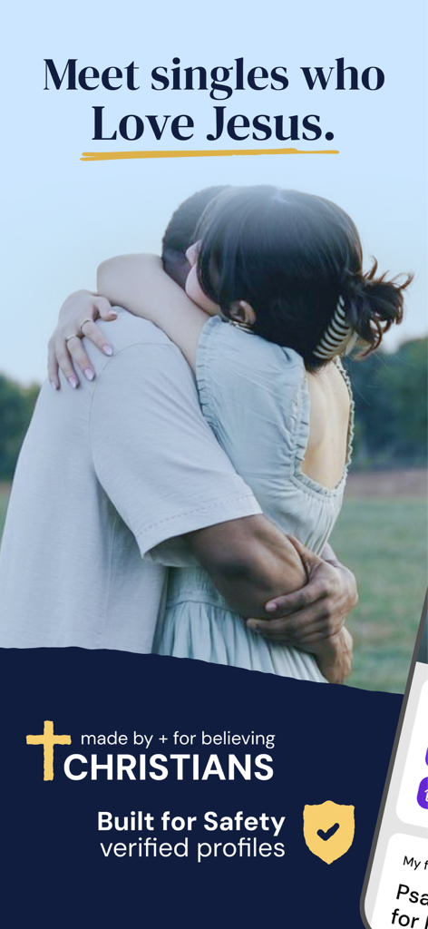 Ark - Christian Dating App - Ark Christian Dating App welcome screen featuring a couple hugging and safety verification details