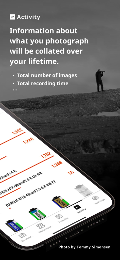 FUJIFILM XApp - FUJIFILM XApp activity dashboard showing shooting statistics lens usage and film simulation data