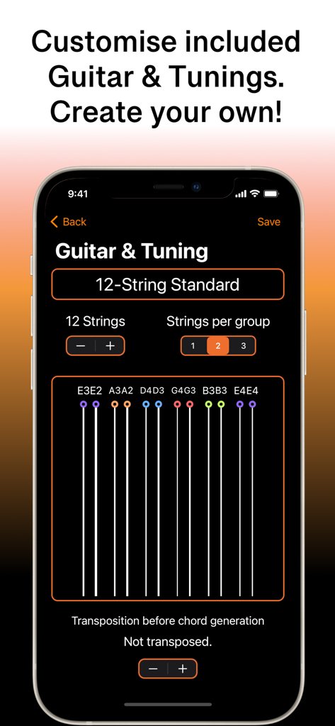 Interfaz de la aplicación SongFolio para personalizar las afinaciones de guitarra de 12 cuerdas y la configuración de transposición.