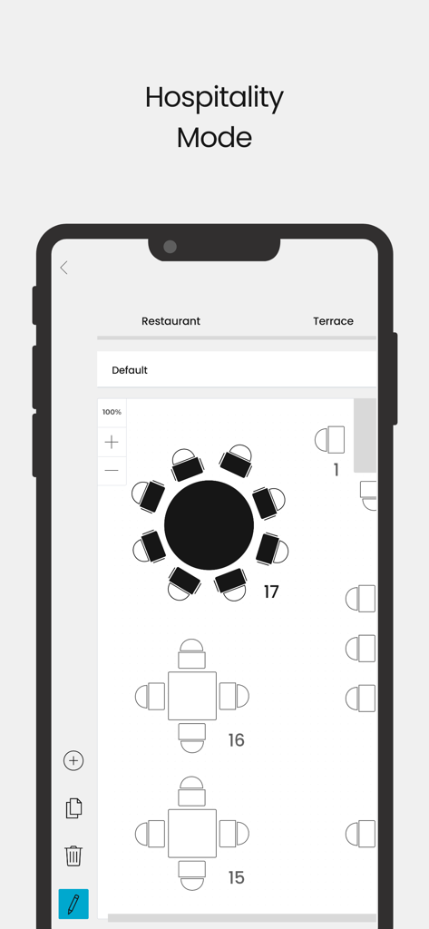 RETAIL7 POS system - RETAIL7 POS hospitality mode showing a restaurant table management layout on a smartphone