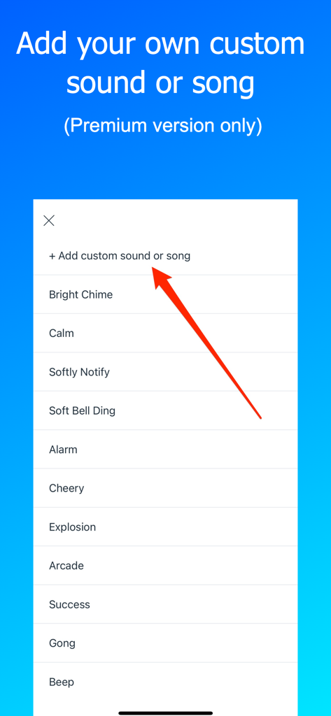 Un menú en la aplicación Generador de Temporizador Aleatorio que muestra varias opciones de sonido de alarma y una función para agregar canciones personalizadas
