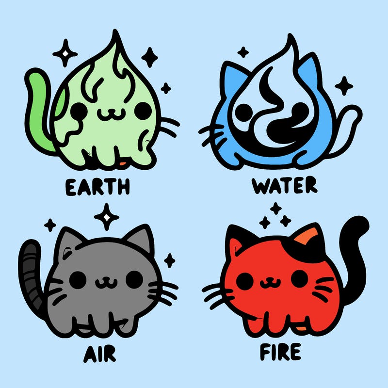 4 cats that represent the different elements, earth, water, air, and fire