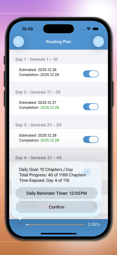 Bible-Simple Bible - Interface of the Simple Bible app showing a daily reading plan and progress tracker