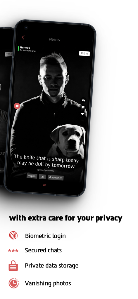 Atraf - dating app - Screenshot of the Atraf LGBTQ+ dating app interface highlighting privacy and security features like biometric login and secured chats