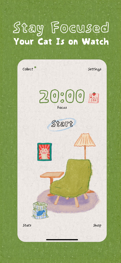 Cat On Chair: ADHD Focus - Interface of the Cat On Chair ADHD Focus app featuring a hand-drawn 20-minute Pomodoro timer and a cozy room illustration with a green armchair.