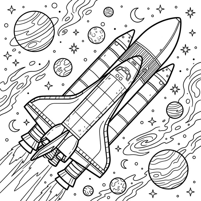 Embark on an epic cosmic journey with this detailed space shuttle coloring page. Featuring a powerful shuttle amidst a vibrant galaxy of planets and stars, it's perfect for aspiring astronauts and space enthusiasts.