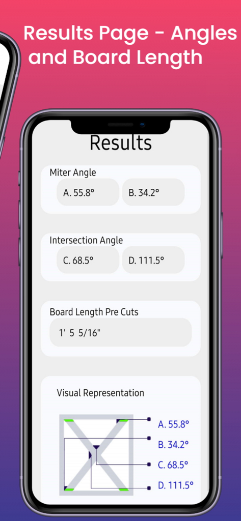Miter Angle Calculator - Results page of the Miter Angle Calculator showing calculated miter angles and board lengths for an X-brace woodworking project.