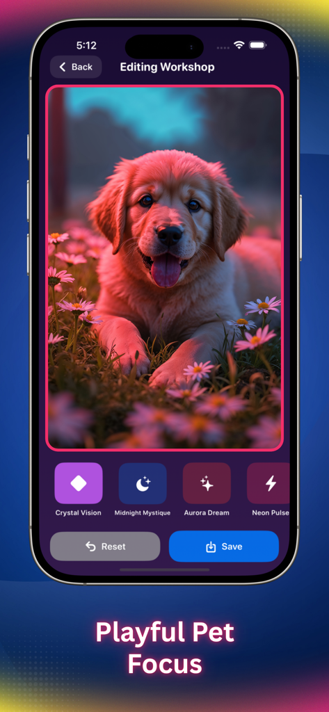 Aura AI Photo Magic - Aplicación Aura AI Photo Magic mostrando la foto de un cachorro siendo editada con un filtro rosa cinematográfico en el Taller de Edición.