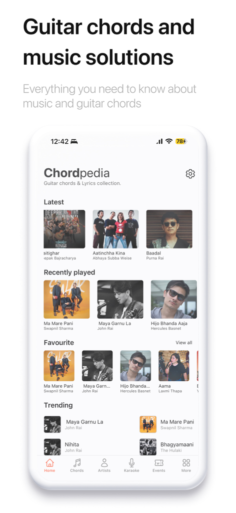 ChordPedia: Guitar Chords - ChordPedia mobile app home screen featuring Nepali and Hindi guitar chords and artists.