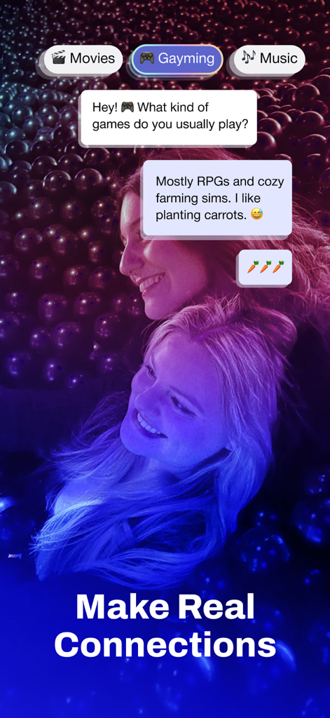 Two women smiling behind a chat interface discussing gayming interests on the HER dating app
