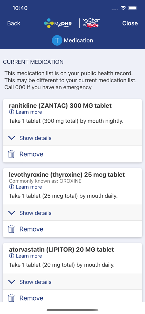 MyDHR - A list of current medications with dosage instructions on the MyDHR mobile app.