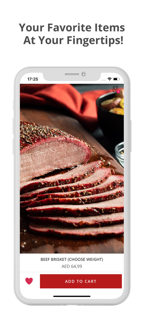LEKKER MEAT SHOP UAE - Lekker Meat Shop VAE App zeigt ein hochwertiges Bild von geschnittenem Rinderbrisket mit einem Button zum Hinzufügen zum Warenkorb