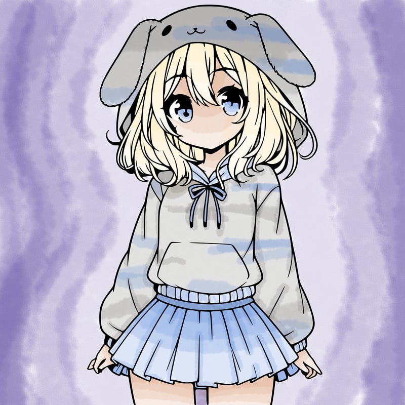 pretty anime girl wearing a fluffy hoodie with bunny ears on the hood and a skirt