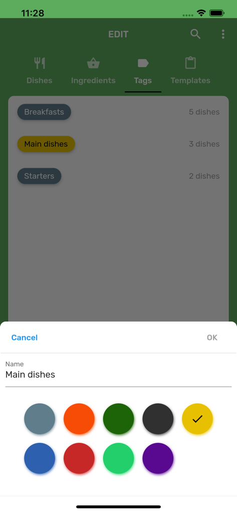 Interfaz de la aplicación Easy Menu Planner que muestra la pantalla de edición de etiquetas de comidas con una paleta de selección de colores.