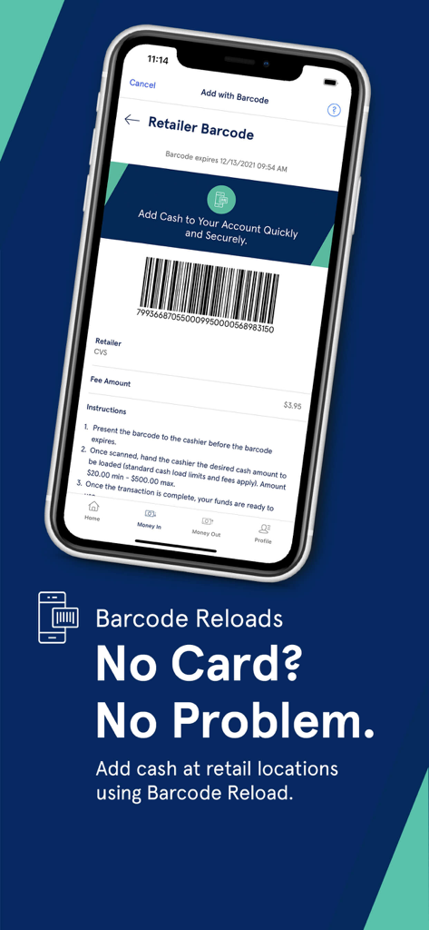 Serve - Smartphone showing a barcode in the Serve app to add cash at retail locations