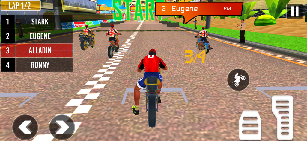 Una escena de juego de carreras de motos 3D en la línea de salida con varios pilotos y una tabla de clasificación