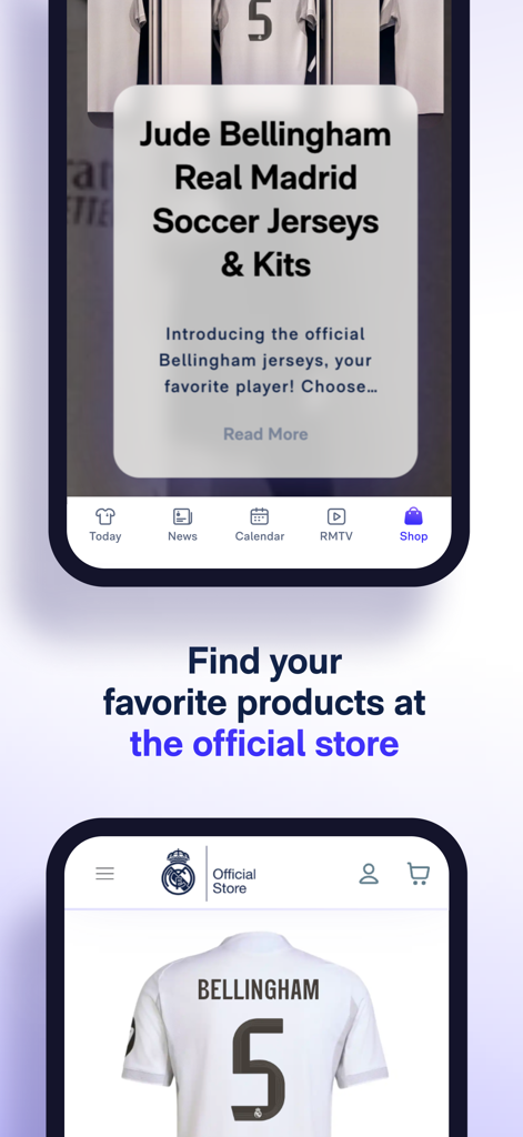 Real Madrid - Écran de téléphone mobile montrant la boutique officielle du Real Madrid avec un maillot de Jude Bellingham.