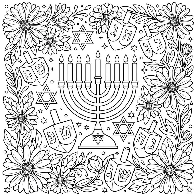 Discover a delightful coloring page blending the beauty of Cape daisies with the joyous symbols of Hanukkah. Perfect for celebrating the Festival of Lights with a floral twist.
