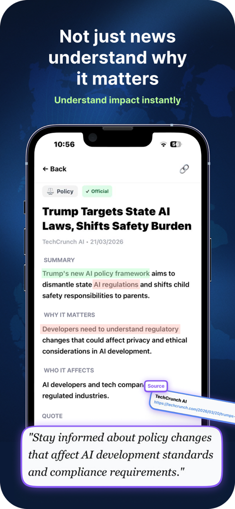 Prism: AI News Digest - Capture d'écran de l'application mobile Prism montrant un digest d'actualités sur l'IA organisé avec des sections pour le résumé et l'analyse de l'impact professionnel