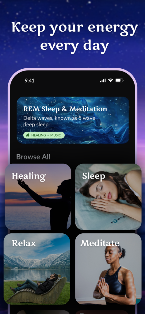 Healingo app interface displaying wellness categories for healing sleep relaxation and meditation.