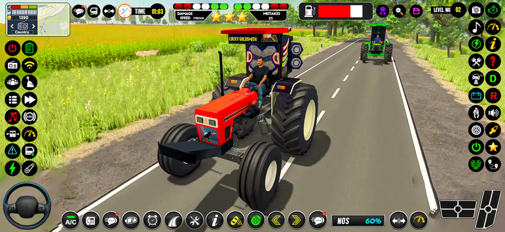 Tochan Tractors & Fields care - A red tractor driving on a road in a farming simulation game with a 3D environment