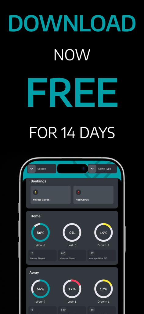 STATZO Football stats tracker - Statzo app dashboard displaying soccer performance statistics and a 14 day free trial promotion