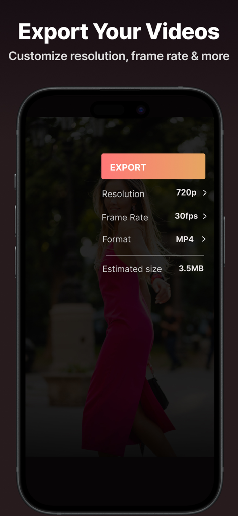 AI Video Enhancer & Upscaler - Mobile App-Oberfläche zeigt Exporteinstellungen für Videoauflösung und Bildrate.