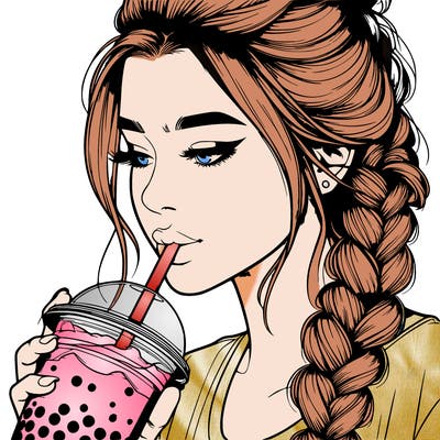 realistic girl drinking boba tea with braided hair