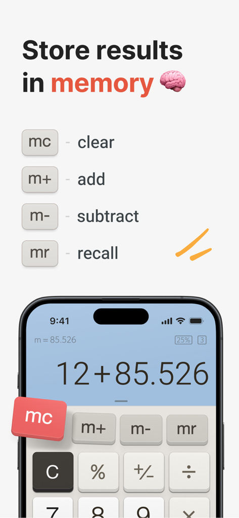 Calculator Plus with History - Interfaz de Calculator Plus que demuestra cómo almacenar y recuperar resultados de cálculos usando botones de memoria.