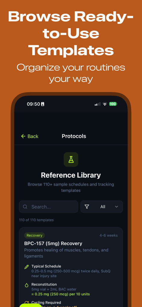 Peptide-Tracker - Peptide-Tracker app screen showing a reference library of peptide protocol templates and schedules for recovery