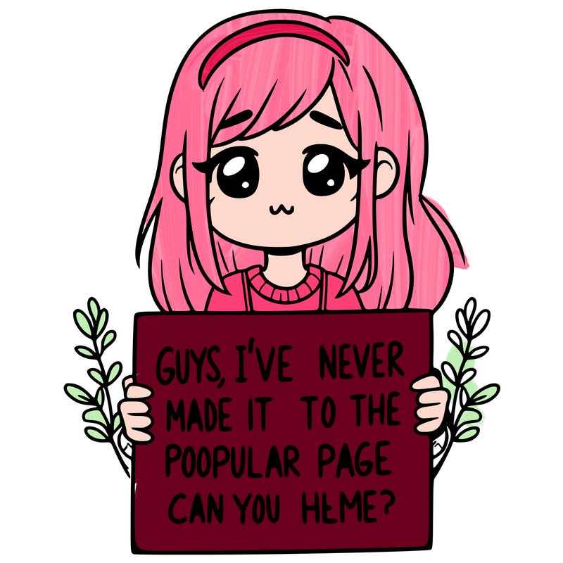 a girl holding up a sign that says, guys, i’ve never made it to the popular page, can you help me?