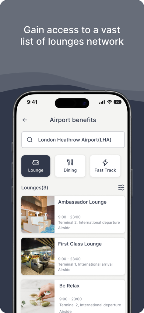 Investec InTransit - Investec InTransit app screen showing airport lounge and dining benefits