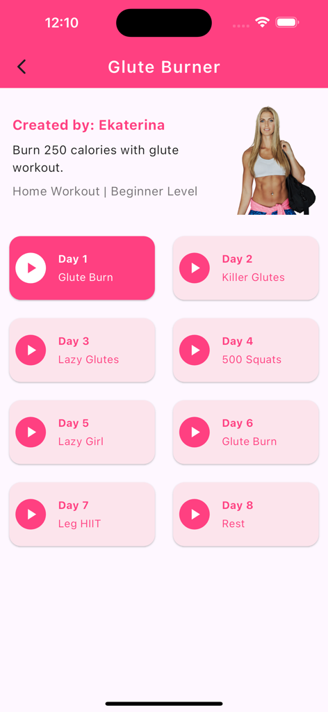 FitYogurt: Home Workouts Guide - Pantalla de la aplicación FitYogurt que muestra un plan de entrenamiento en casa de 8 días para glúteos para principiantes.