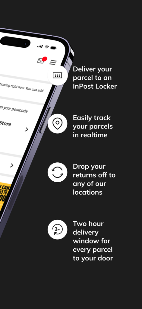 Smartphone screen highlighting Yodel by InPost app features like parcel tracking and locker delivery options