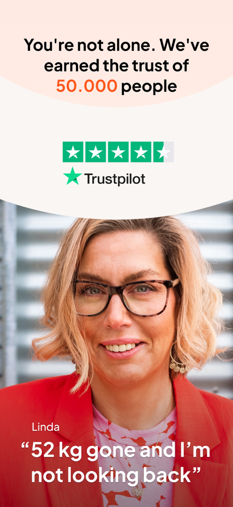 Patient success story Linda sharing her 52kg weight loss journey on the Yazen app with Trustpilot ratings