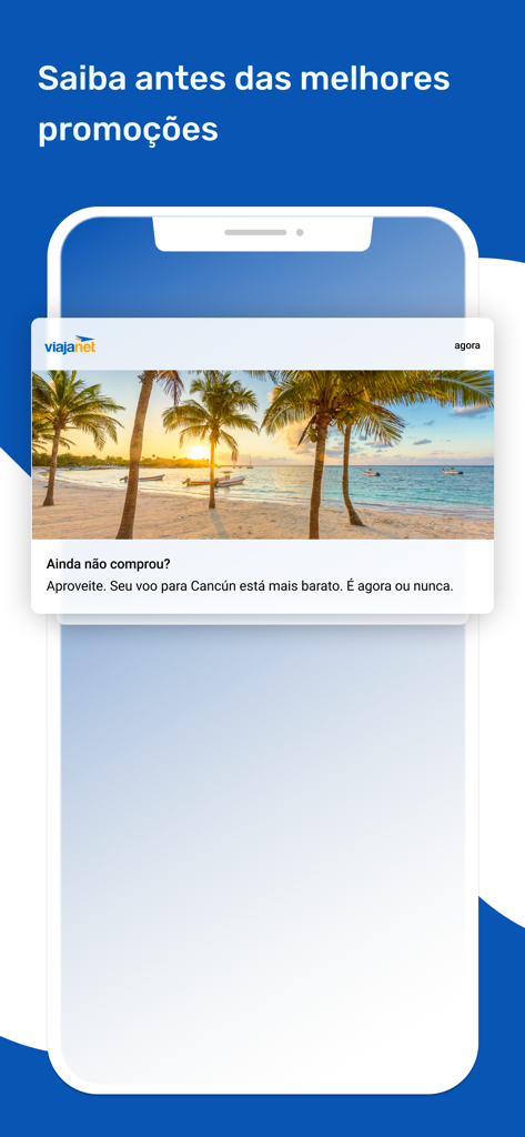 ViajaNet mobile app push notification showing a discounted flight deal to Cancun with a tropical beach image