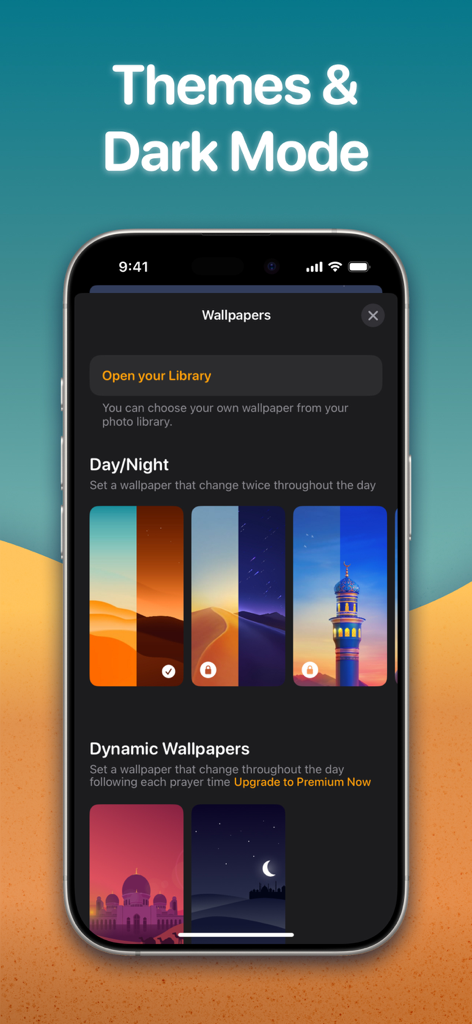 Prayer Times - Athan Pro - Athan Pro app settings screen showing Islamic-themed wallpaper options and dark mode
