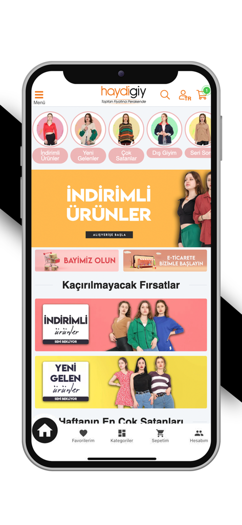 HaydiGiy - The home screen of the HaydiGiy shopping app displaying women's clothing categories and sales banners.