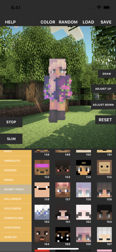 Interface of the Custom Skin Creator app showing a 3D model of a Minecraft character with aesthetic customization options and menu items