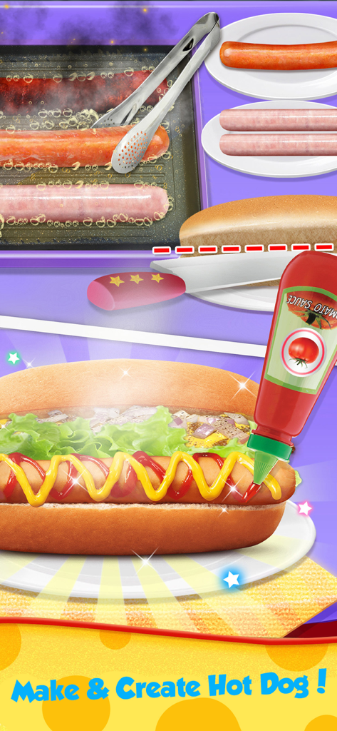A game screen showing the process of grilling sausages and decorating a hot dog with mustard and ketchup