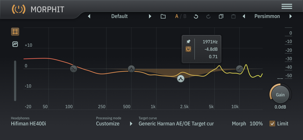 TB Morphit - Interface of the TB Morphit audio plugin showing frequency response calibration for Hifiman HE400i headphones using a Harman target curve