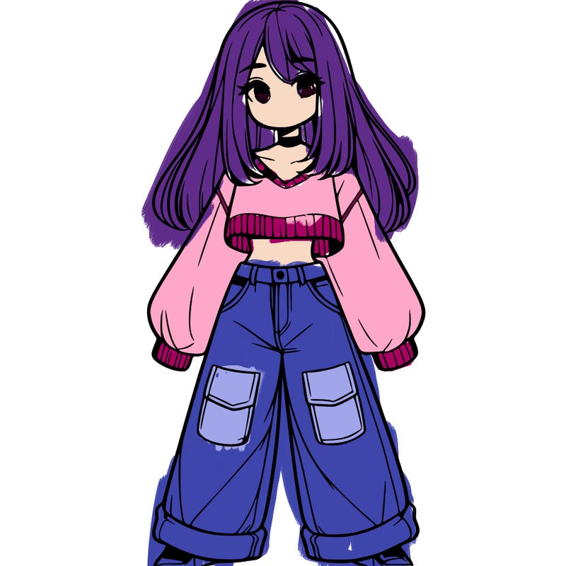 cute girl with straight hair in baggy jeans and a crop top and a sweater