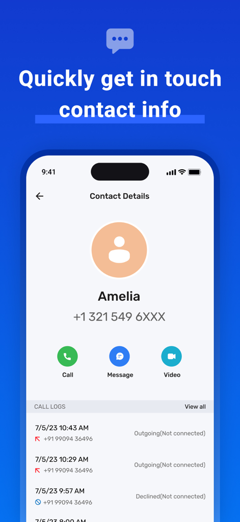 Mobile interface showing contact info for Amelia with options to call message or video chat