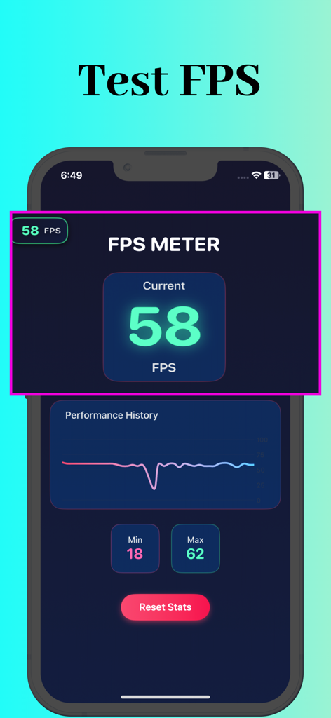 Fps Meter - FPS Meter app displaying real-time frame rate statistics and performance history graph on an iPhone