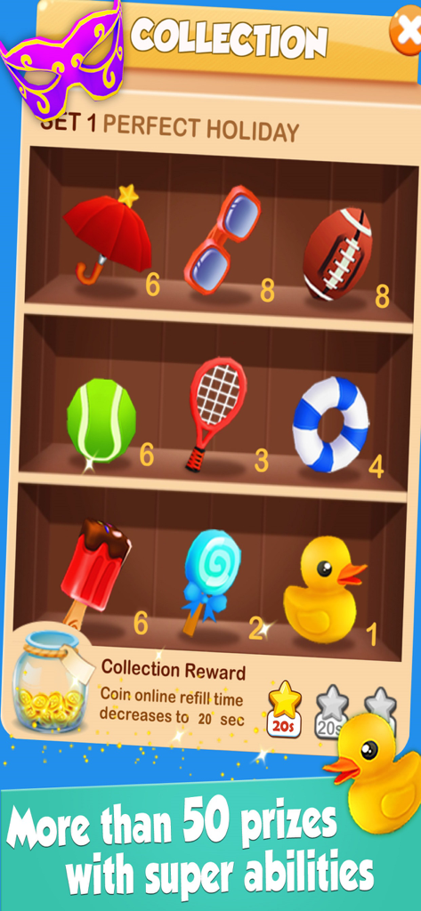 Coin Mania: Farm Dozer - A collection screen in Coin Mania showing various 3D prize items like sunglasses, a football, and a rubber duck on wooden shelves.