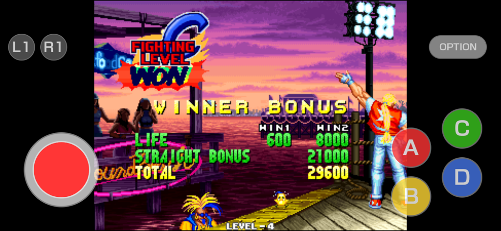 REAL BOUT FATAL FURY - Tela de bônus de vencedor de Real Bout Fatal Fury com Terry Bogard e controles virtuais