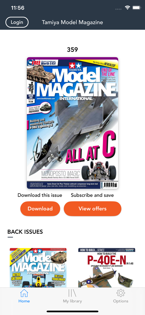 Interfaccia dell'app Tamiya Model Magazine che mostra l'ultimo numero con un jet da combattimento in copertina