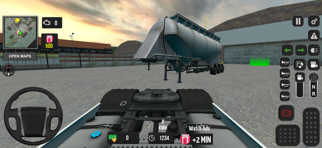 First person view of a truck cabin facing a large silver tanker trailer in Real Truck Simulator