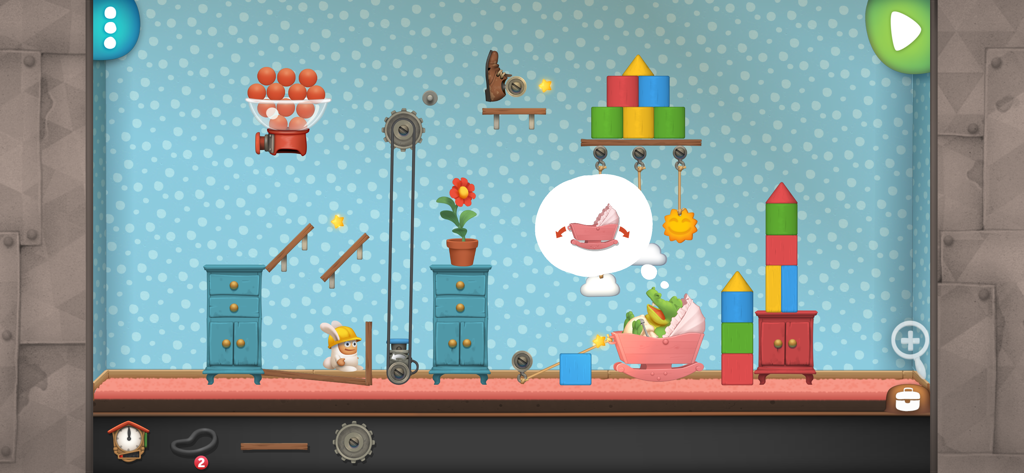 Inventioneersの物理パズル画面。機械的なガジェットとキャラクターが表示されます。